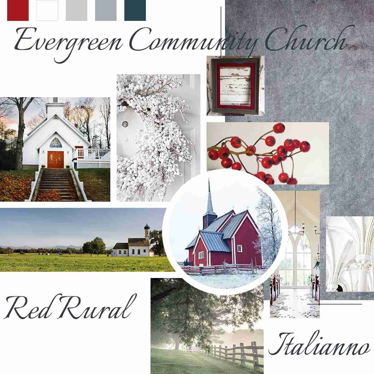 Evergreen Community Church Red Rural moodboard design